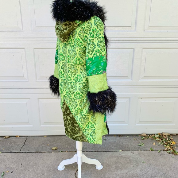 Lux Muse green black fur patchwork festival coat jacket satin lined - Picture 4 of 6
